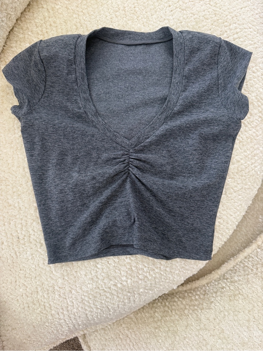 NWOT Bombshell Sportswear Charcoal Heather Ruched V‑Neck Crop Top